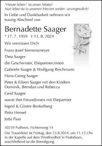 Traueranzeige von Bernadette Saager von Westfalen Blatt