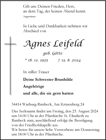 Traueranzeige von Agnes Leifeld von Westfalen Blatt