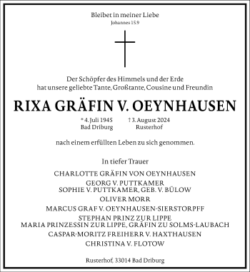 Traueranzeige von Rixa Gräfin v. Oeynhausen von Westfalen Blatt