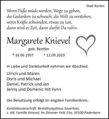 Traueranzeige von Margarete Knievel von Westfalen Blatt