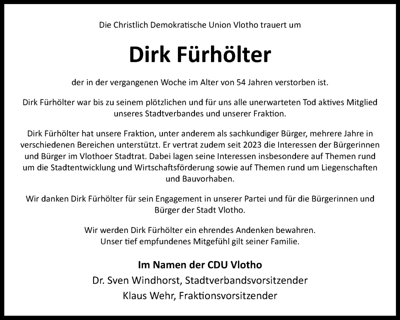  Traueranzeige für Dirk Fürhölter vom 10.08.2024 aus Westfalen Blatt