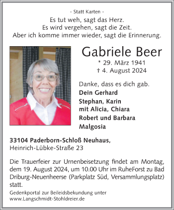 Traueranzeige von Gabriele Beer von Westfalen Blatt