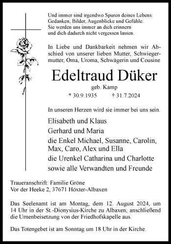 Traueranzeige von Edeltraud Düker von Westfalen Blatt