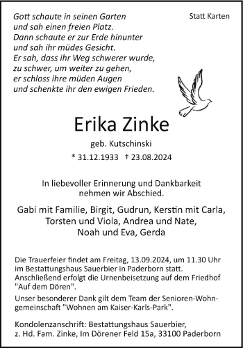 Traueranzeige von Erika Zinke von Westfalen Blatt