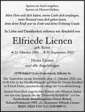 Traueranzeige von Elfriede Lienen von Westfalen Blatt