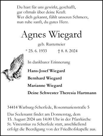 Traueranzeige von Agnes Wiegard von Westfalen Blatt