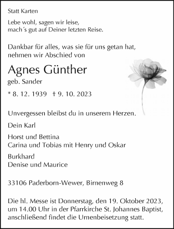 Traueranzeige von Agnes Günther von Westfalen Blatt