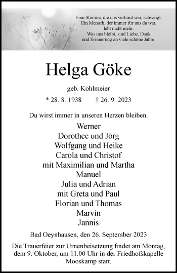 Traueranzeige von Helga Göke von Westfalen Blatt