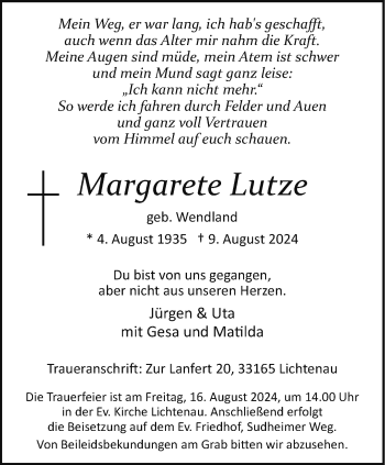 Traueranzeige von Margarete Lutze von Westfalen Blatt