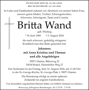 Traueranzeige von Britta Wand von Westfalen Blatt