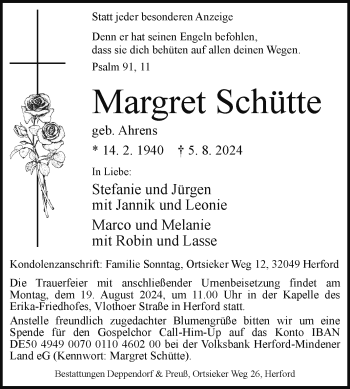 Traueranzeige von Margret Schütte von Westfalen Blatt