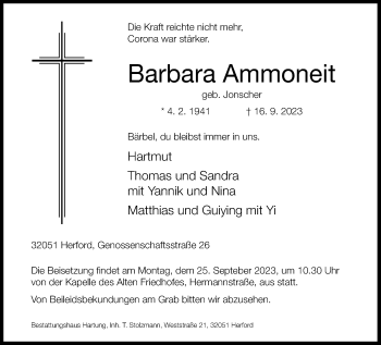 Traueranzeige von Barbara Ammoneit von Westfalen Blatt