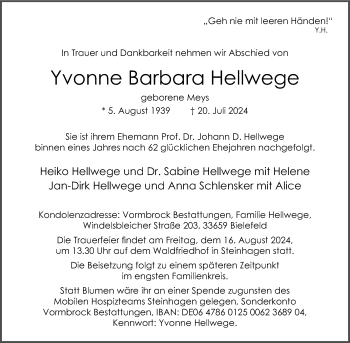 Traueranzeige von Yvonne Barbara Hellwege von Westfalen Blatt