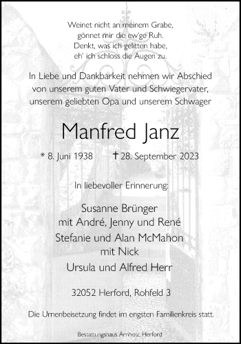 Traueranzeige von Manfred Janz von Westfalen Blatt