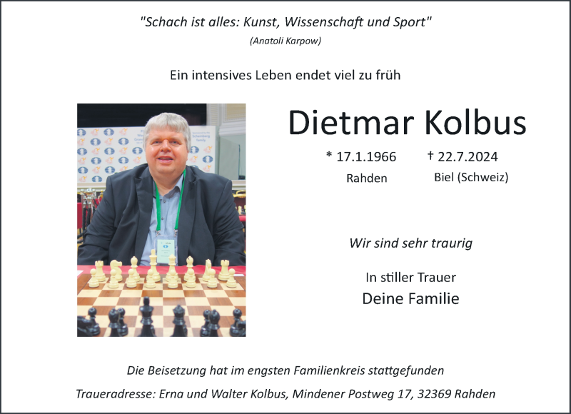  Traueranzeige für Dietmar Kolbus vom 10.08.2024 aus Westfalen Blatt