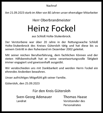 Traueranzeige von Heinz Fockel von Westfalen Blatt