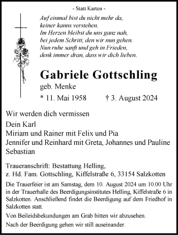 Traueranzeige von Gabriele Gottschling von Westfalen Blatt