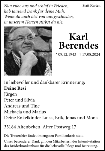 Traueranzeige von Karl Berendes von Westfalen Blatt