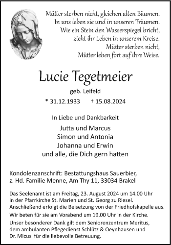 Traueranzeige von Lucie Tegetmeier von Westfalen Blatt