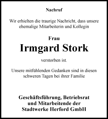 Traueranzeige von Irmgard Stork von Westfalen Blatt