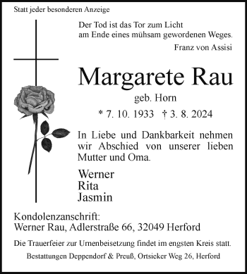 Traueranzeige von Margarete Rau von Westfalen Blatt