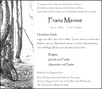 Traueranzeige von Franz Menne von Westfalen Blatt