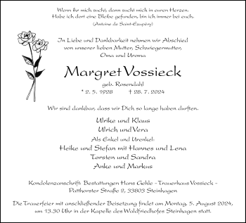 Traueranzeige von Margret Vossieck von Westfalen Blatt