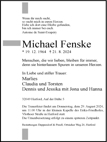 Traueranzeige von Michael Fenske von Westfalen Blatt