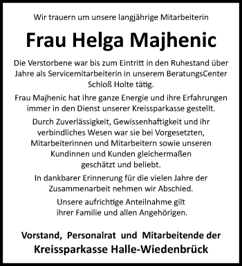 Traueranzeige von Helga Majhenic von Westfalen Blatt