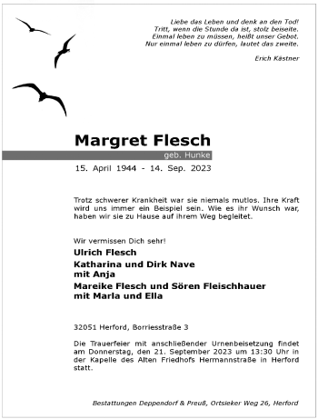 Traueranzeige von Margret Flesch von Westfalen Blatt