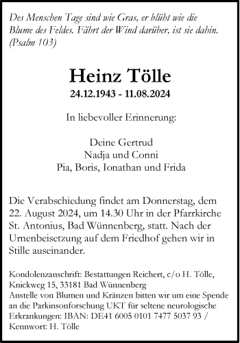 Traueranzeige von Heinz Tölle von Westfalen Blatt