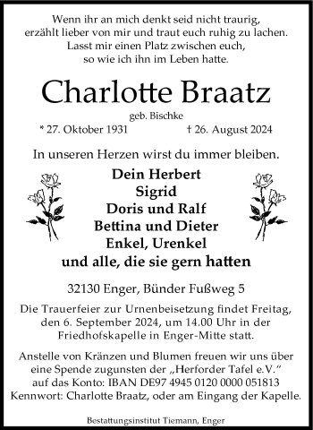 Traueranzeige von Charlotte Braatz von Westfalen Blatt