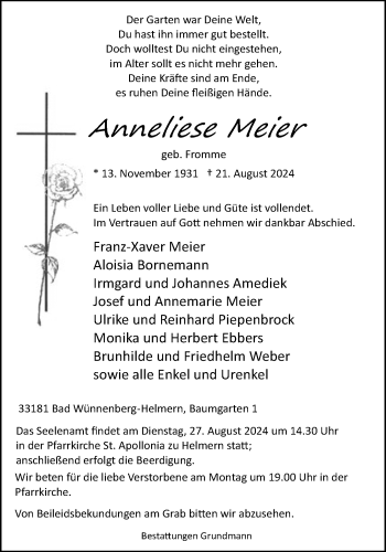 Traueranzeige von Anneliese Meier von Westfalen Blatt