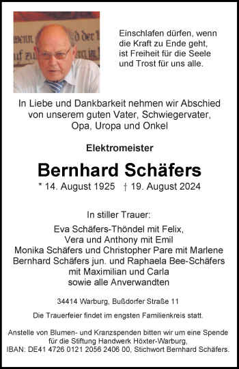 Traueranzeige von Bernhard Schäfers von Westfalen Blatt