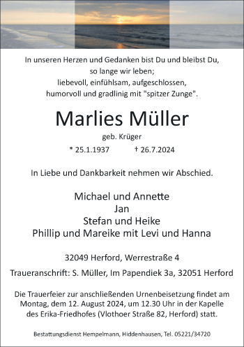 Traueranzeige von Marlies Müller von Westfalen Blatt