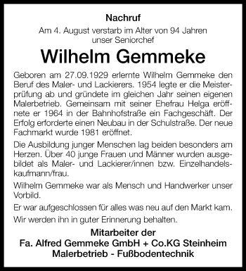 Traueranzeige von Wilhelm Gemmeke von Westfalen Blatt