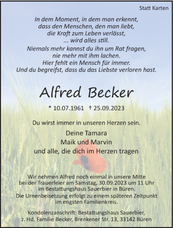 Traueranzeige von Alfred Becker von Westfalen Blatt