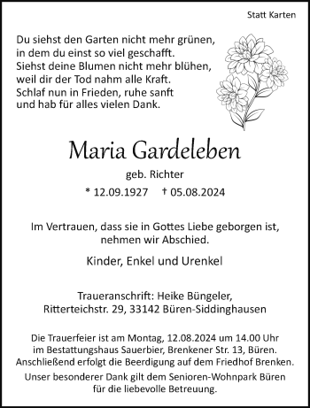 Traueranzeige von Maria Gardeleben von Westfalen Blatt