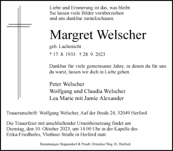 Traueranzeige von Margret Welscher von Westfalen Blatt