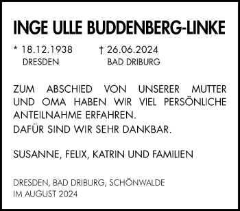 Traueranzeige von Inge Ulle Buddenberg-Linke von Westfalen Blatt