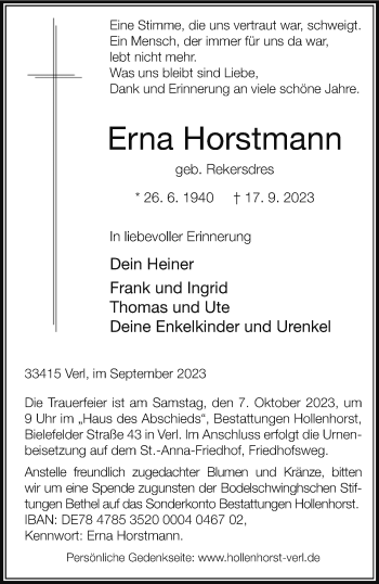 Traueranzeige von Erna Horstmann von Westfalen Blatt