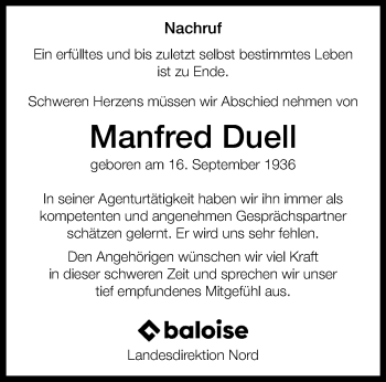 Traueranzeige von Manfred Duell von Westfalen Blatt