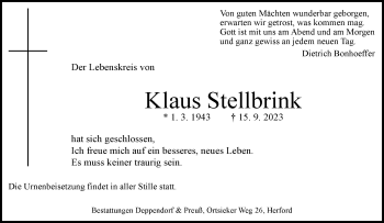 Traueranzeige von Klaus Stellbrink von Westfalen Blatt