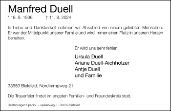 Traueranzeige von Manfred Duell von Westfalen Blatt