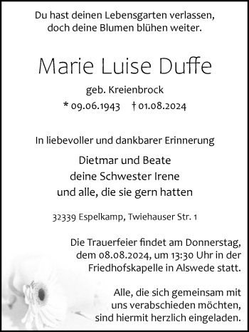 Traueranzeige von Marie Luise Duffe von Westfalen Blatt