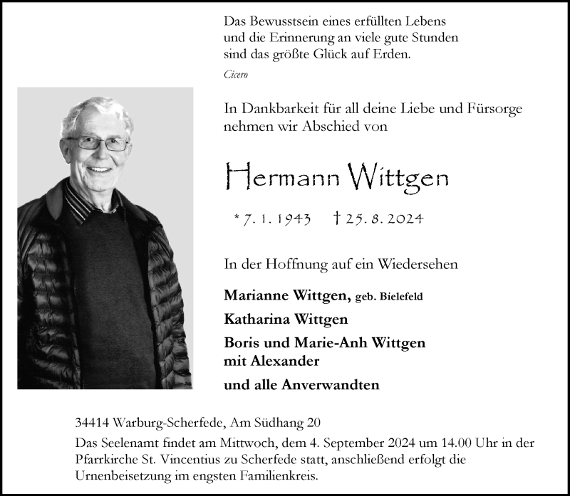  Traueranzeige für Hermann Wittgen vom 31.08.2024 aus Westfalen Blatt