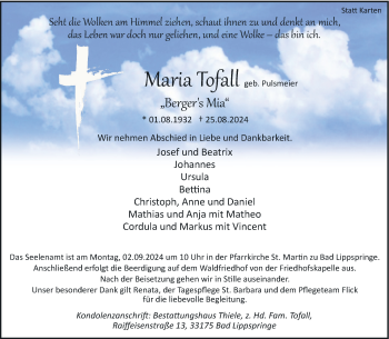 Traueranzeige von Maria Tofall von Westfalen Blatt