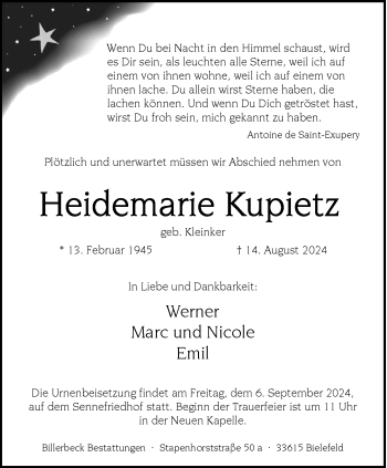 Traueranzeige von Heidemarie Kupietz von Westfalen Blatt