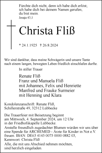 Traueranzeige von Christa Fliß von Westfalen Blatt