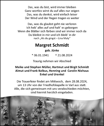 Traueranzeige von Margret Schmidt von Westfalen Blatt